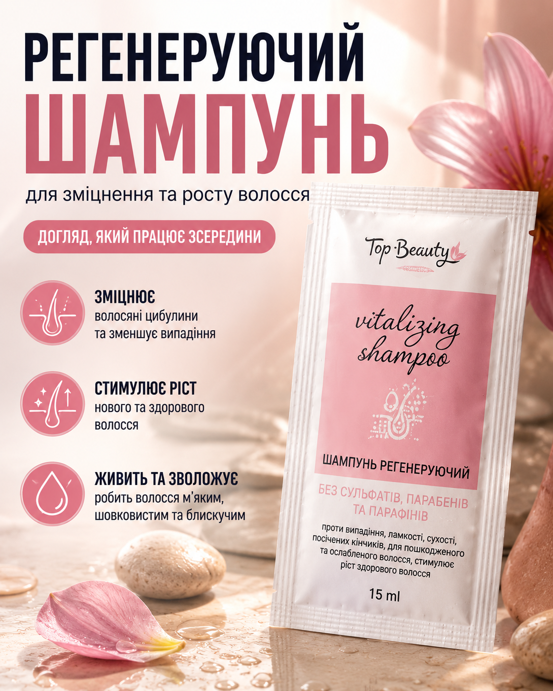 Шампунь регенеруючий для волосся проти випадіння та для росту, саше 15 мл — фото 3