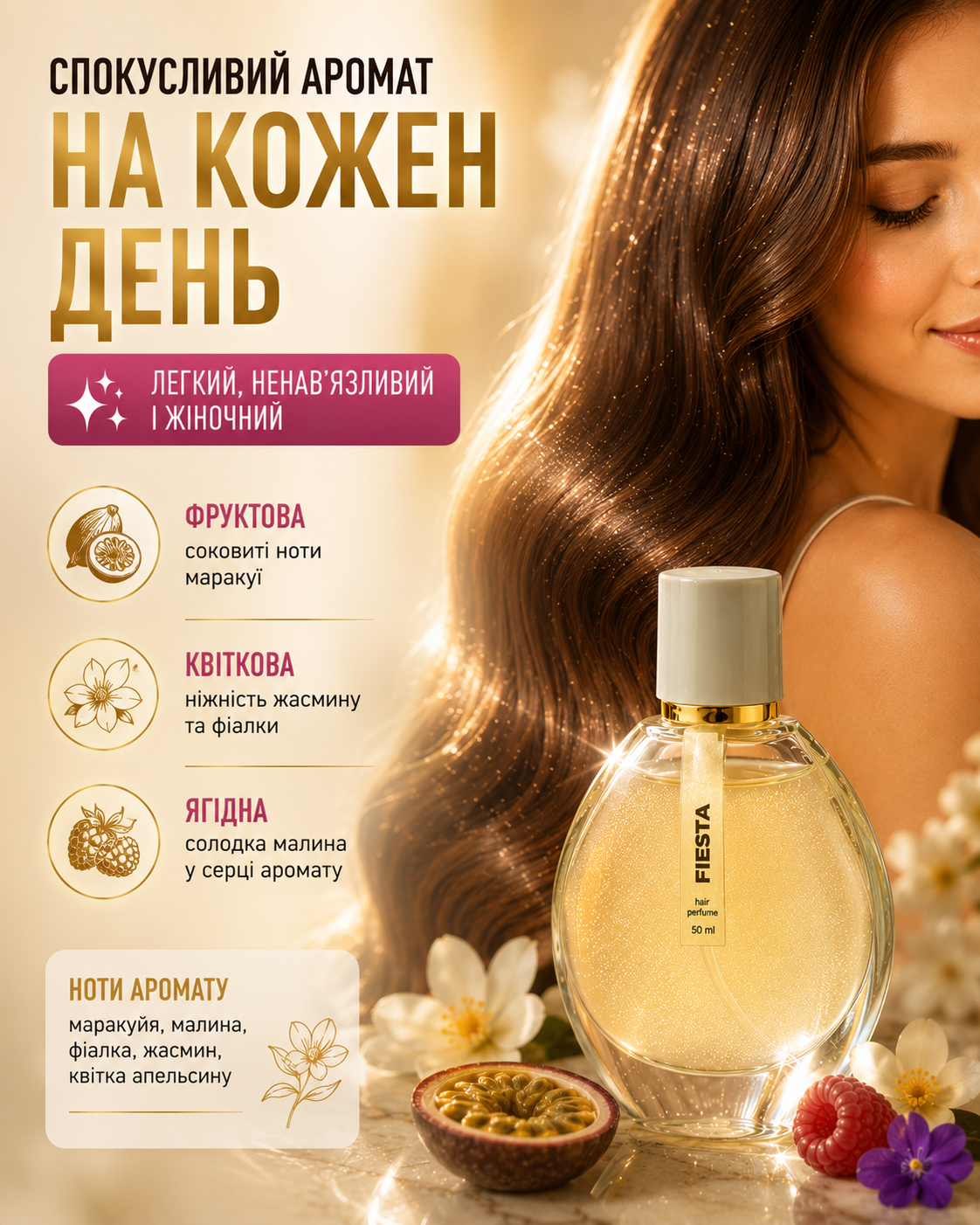 Легкий аромат, блиск і сяйливий акцент для волосся