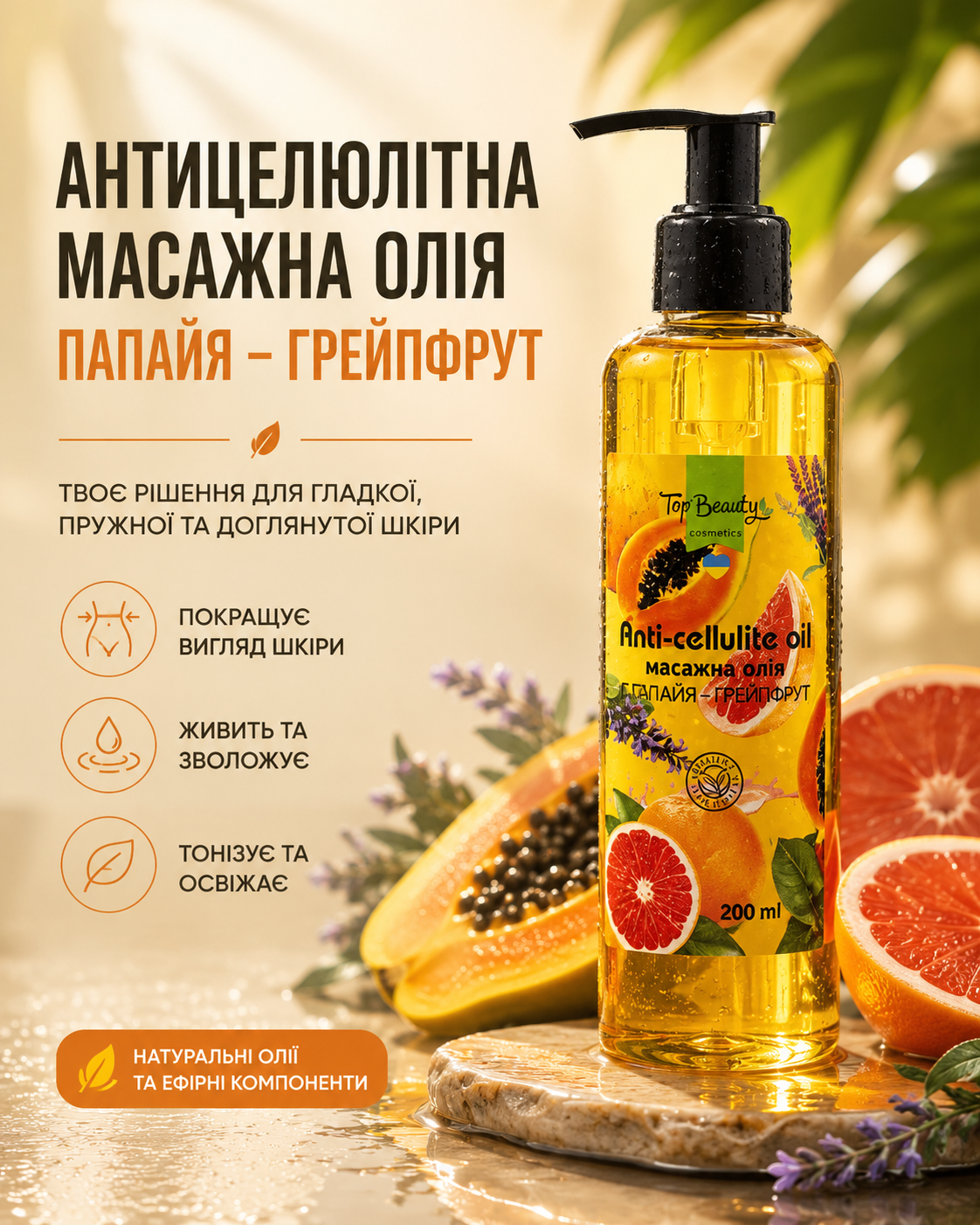 Олія масажна антицелюлітна «Папайя–грейпфрут» 200 мл — фото 3