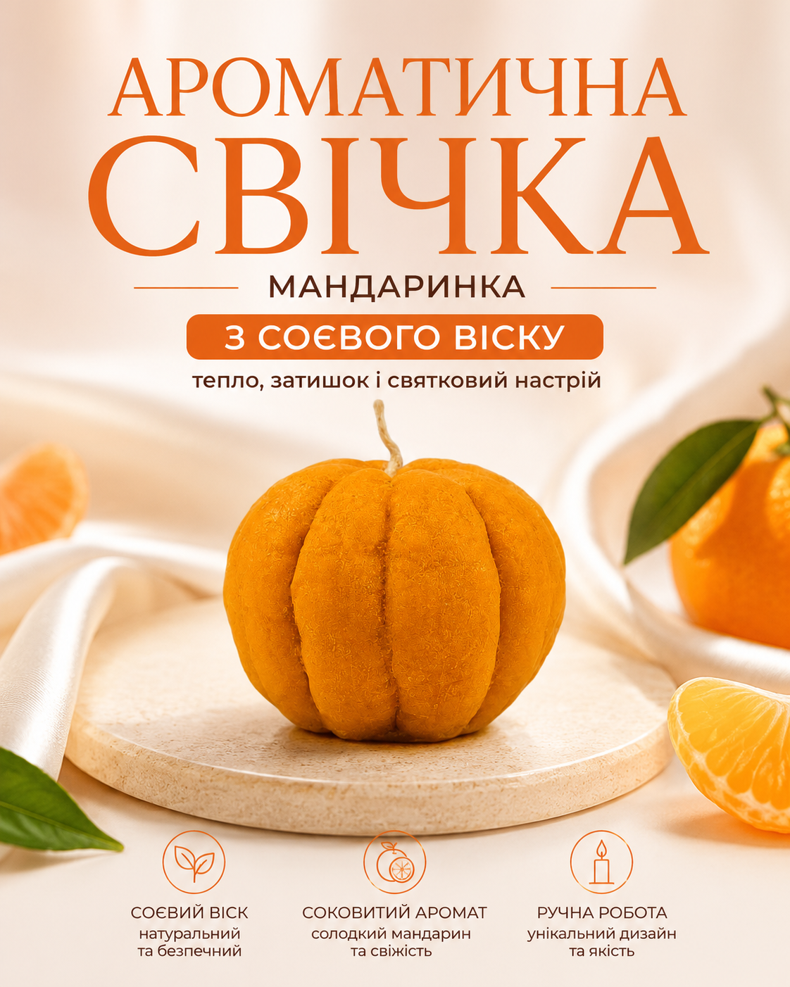 Свічка ароматична «Мандаринка» із соєвого воску 50 г — фото 3