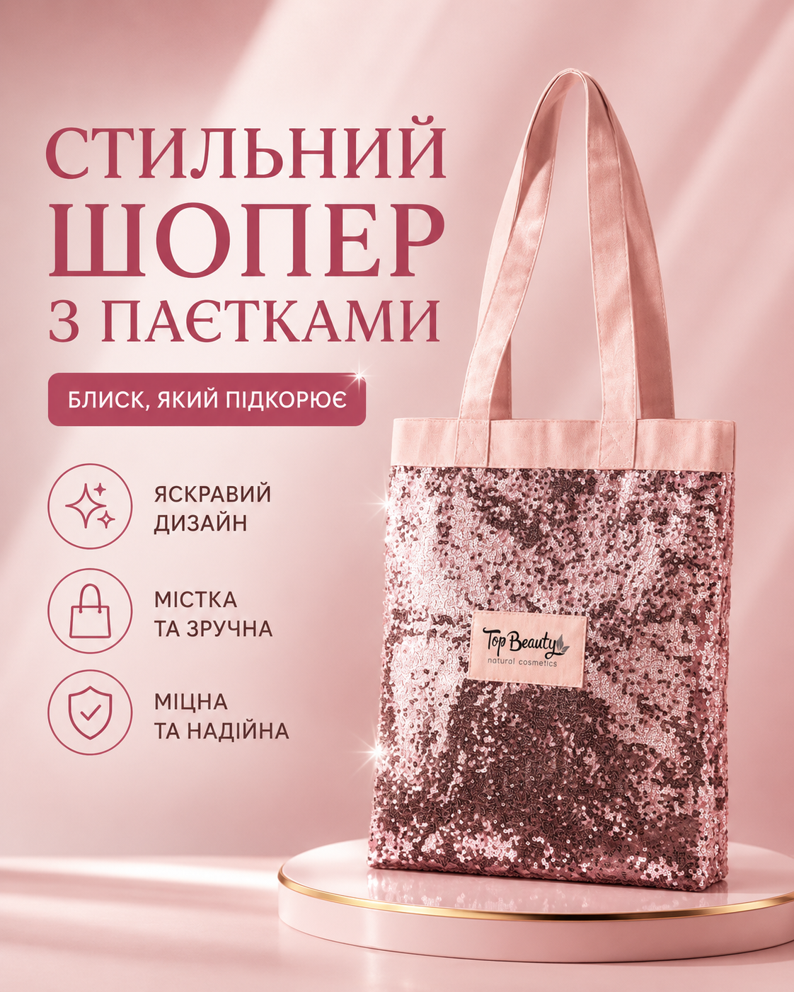 Сумка-шопер з паєтками рожева — фото 3