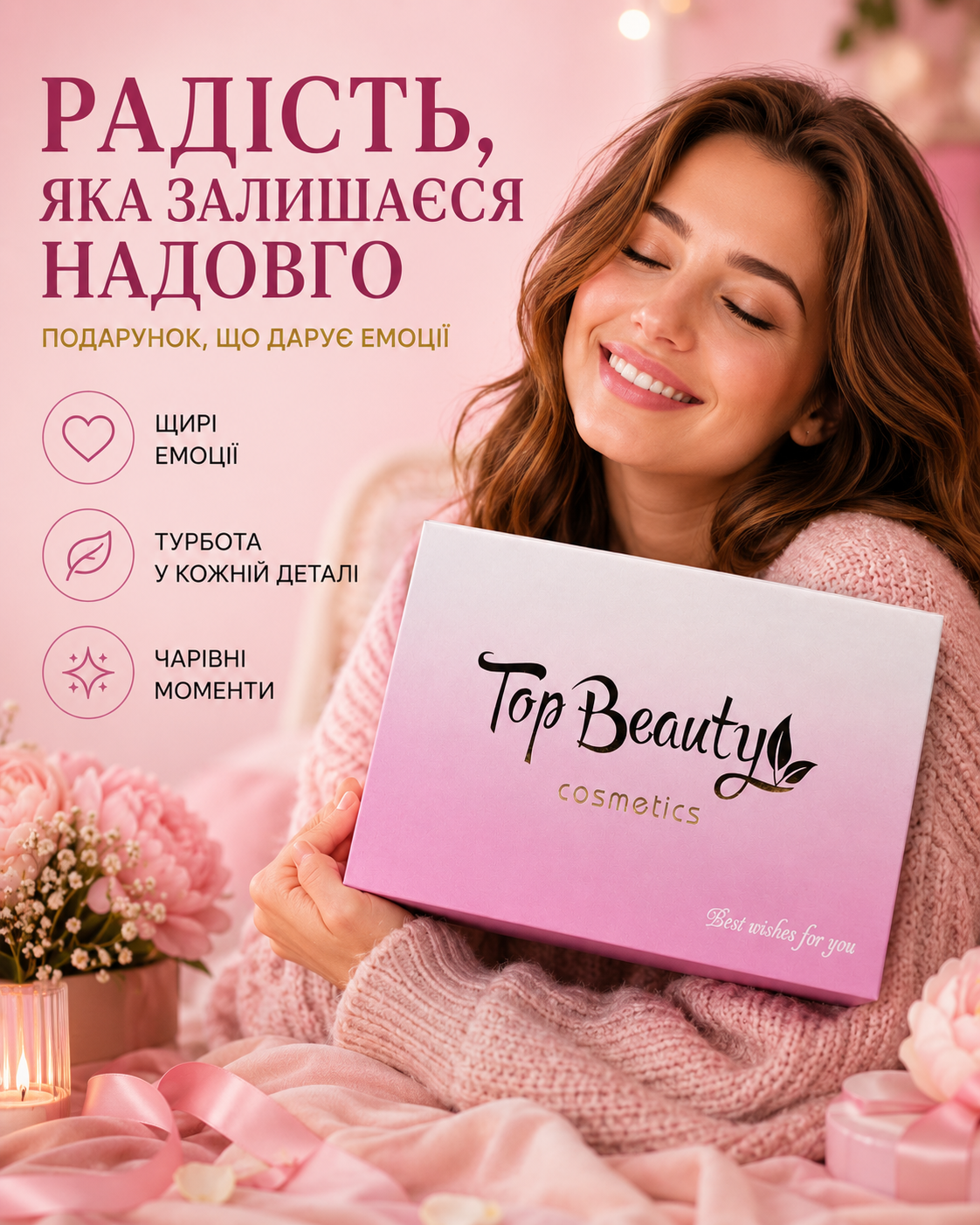 Коробка подарункова картонна біло-рожева градієнт 220 × 180 × 80 мм