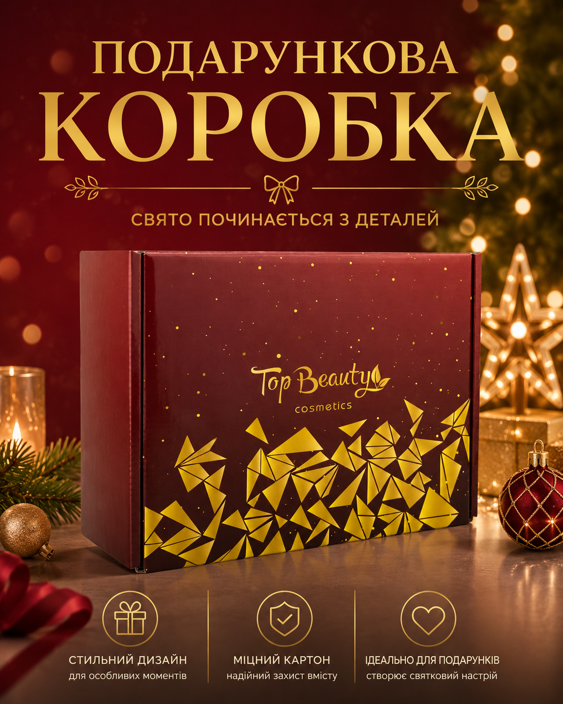 Коробка подарункова «Різдво» бордова 220 × 180 × 80 мм — фото 2