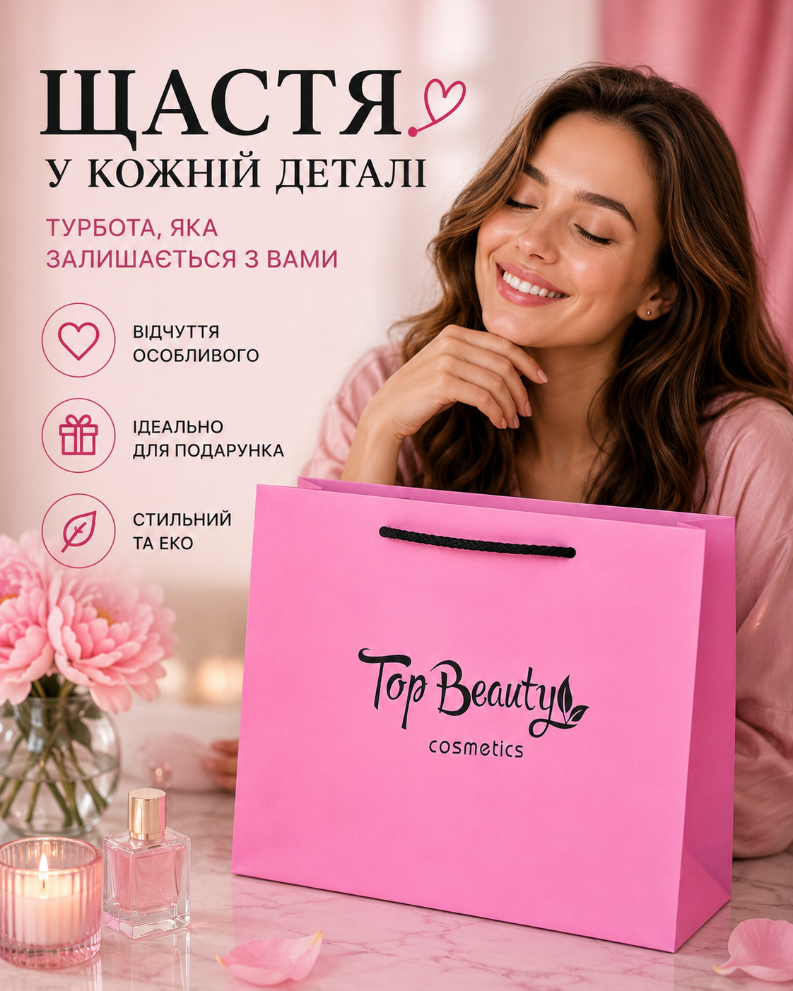 Пакет паперовий фірмовий рожевий з чорними ручками 32 × 25 × 10 см