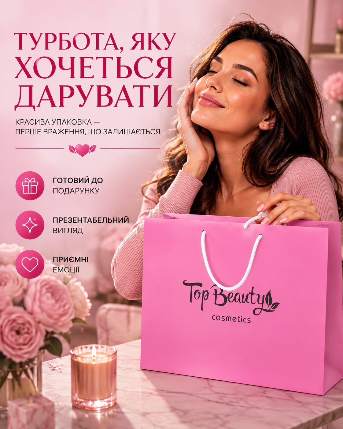 Пакет паперовий фірмовий рожевий з білими ручками 32 × 22 × 10 см