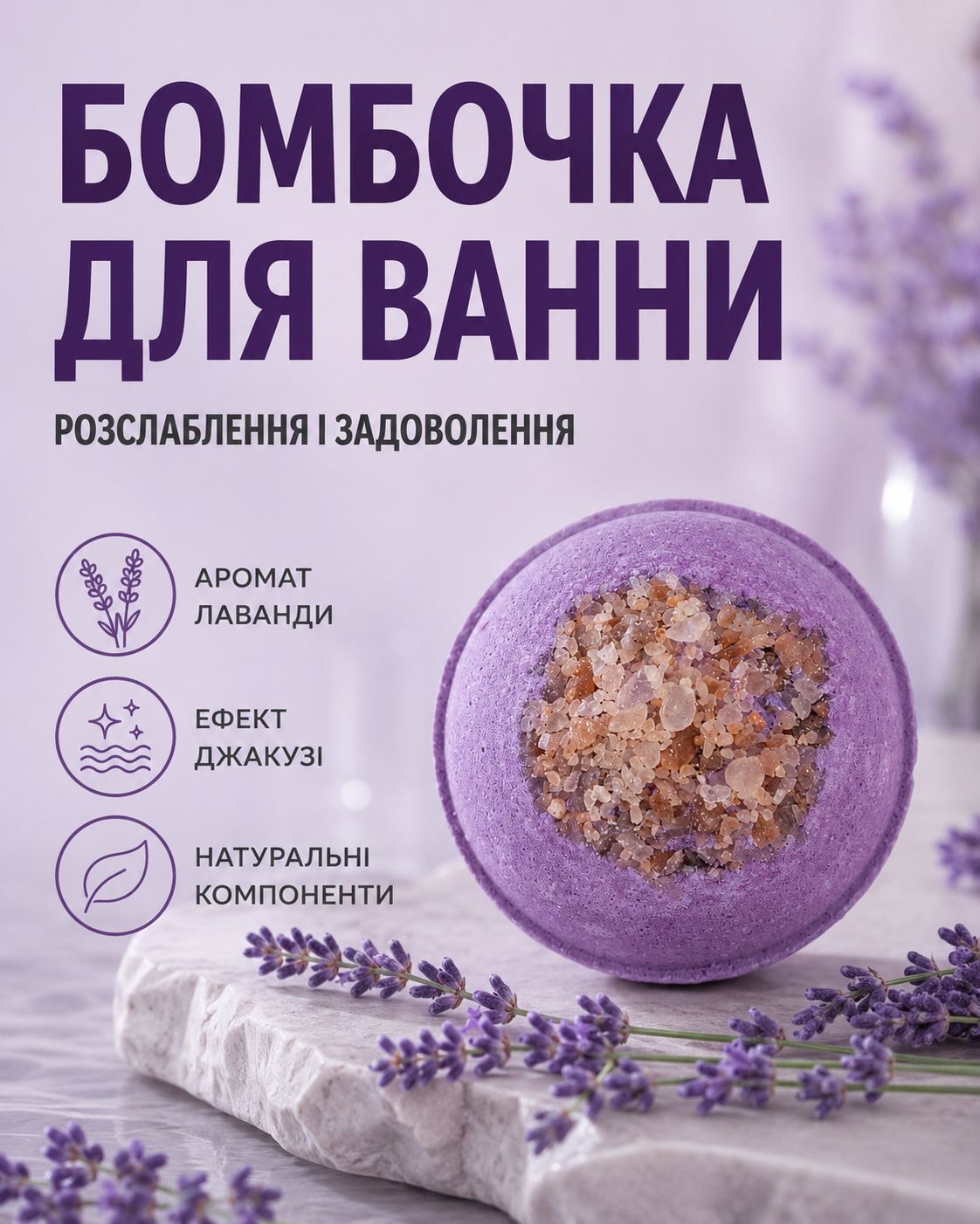 Бомбочка-гейзер для ванни кругла «Лаванда» 180 г — фото 3