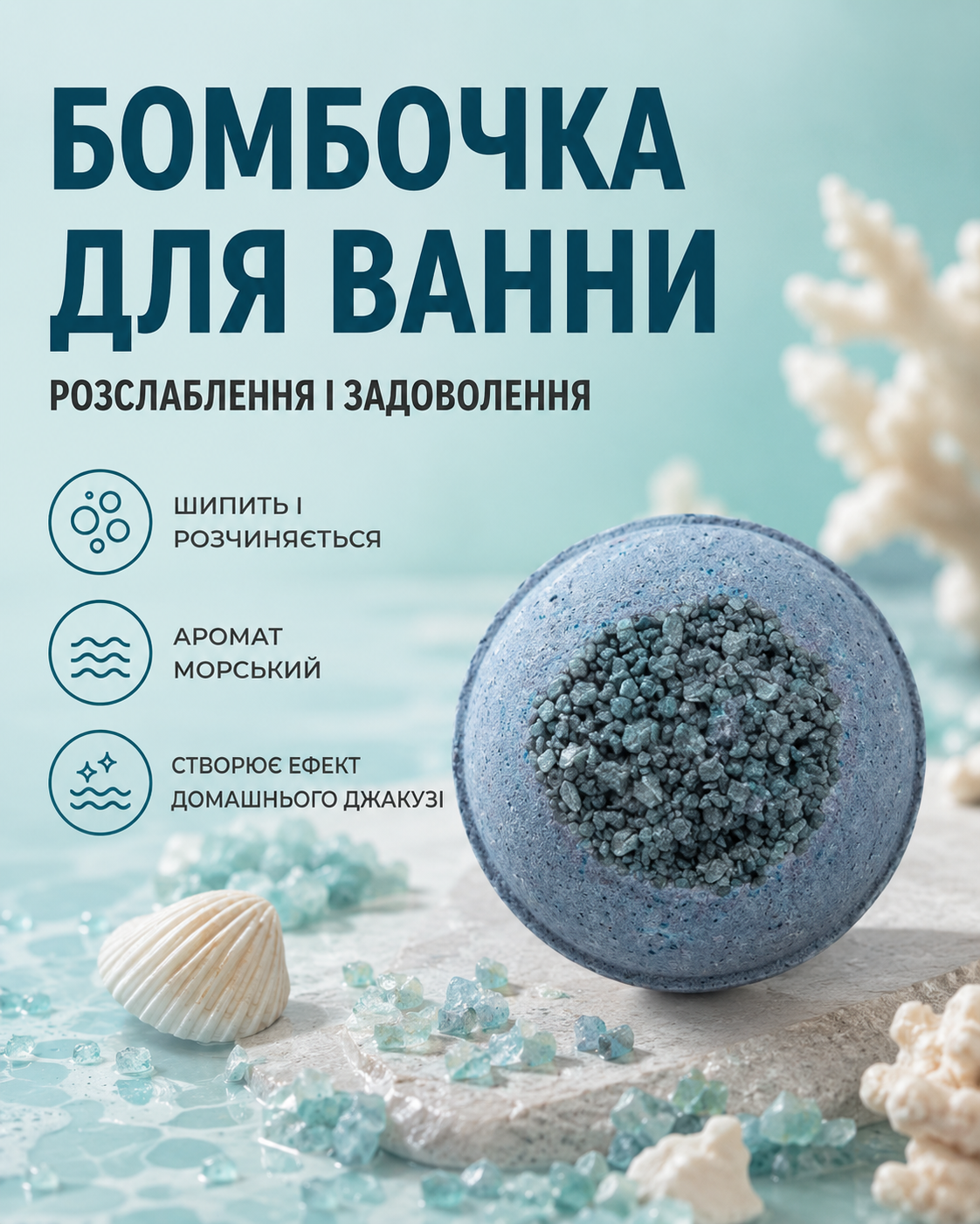 Бомбочка-гейзер для ванни кругла «Морський аромат» 180 г — фото 3