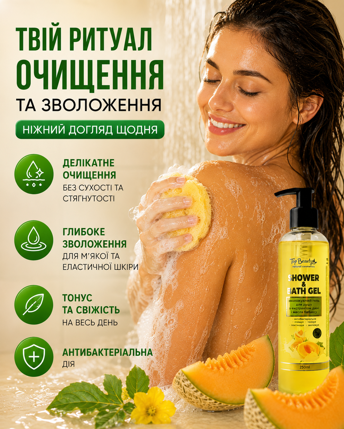 Гель для душу зволожуючий з екстрактом дині та олією бабасу 250 мл — фото 3
