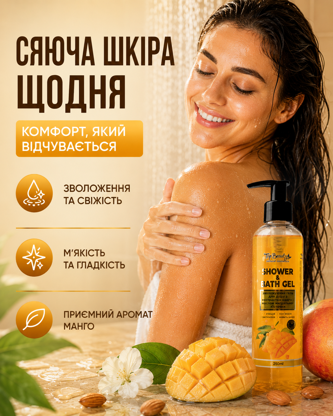 Гель для душу зволожуючий з екстрактом манго та олією мигдальної кісточки 250 мл