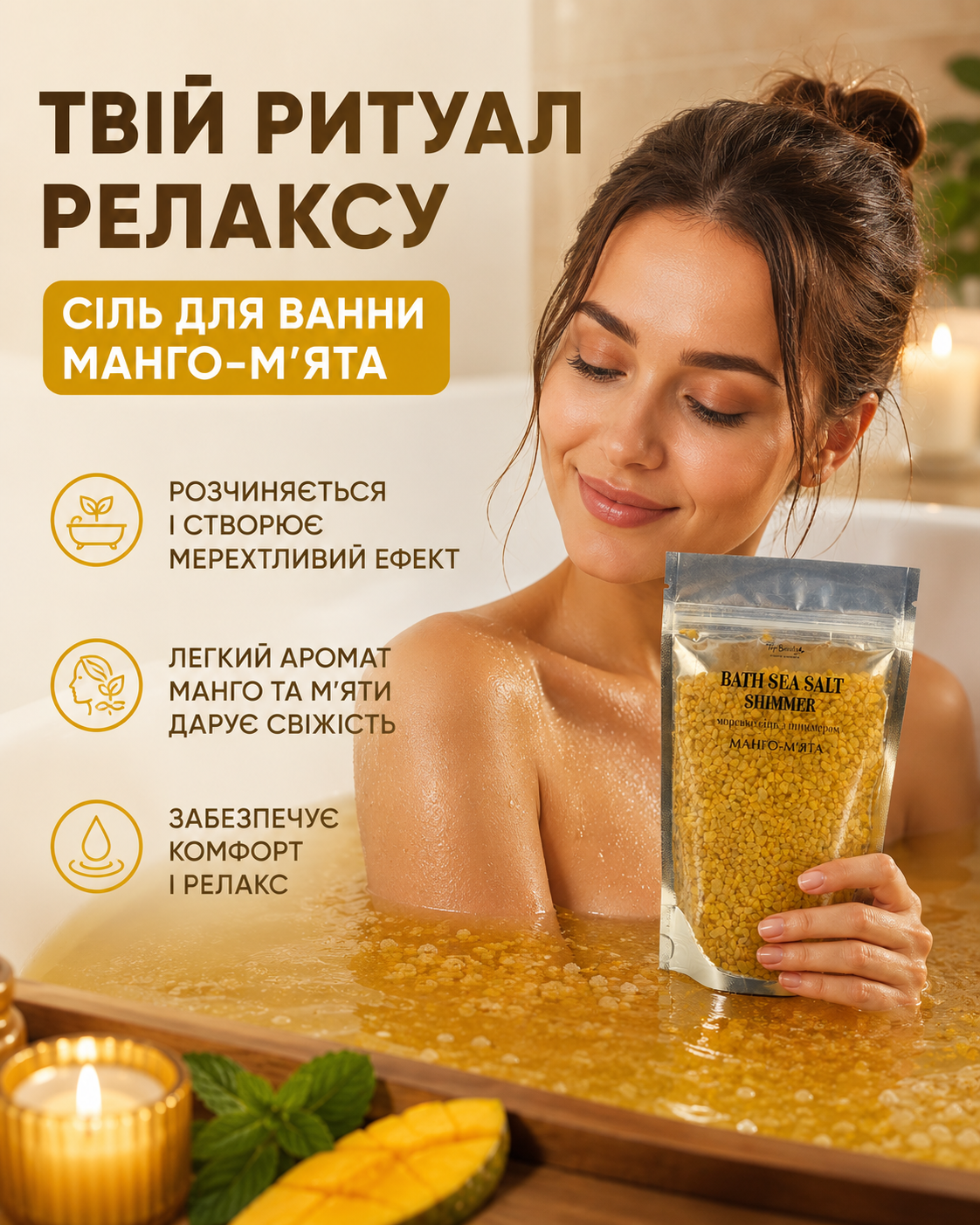 Сіль морська з шиммером «Манго-М’ята» (жовта) 250 г — фото 2