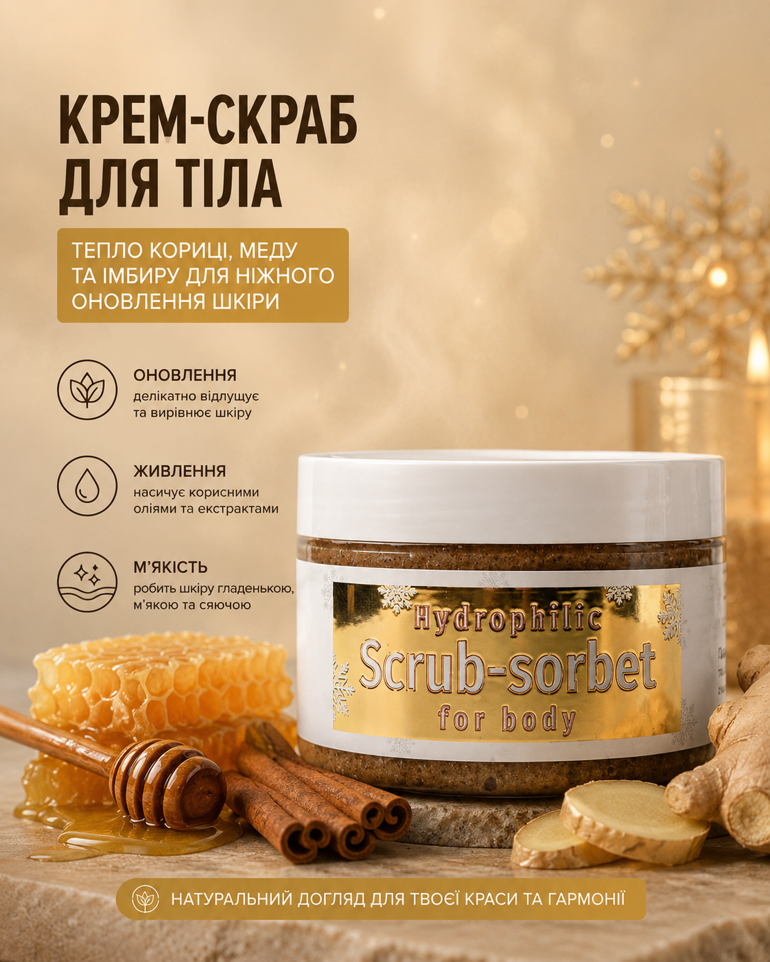 Скраб-шербет гідрофільний для тіла «Кориця-Мед-Імбир» 250 мл — фото 3