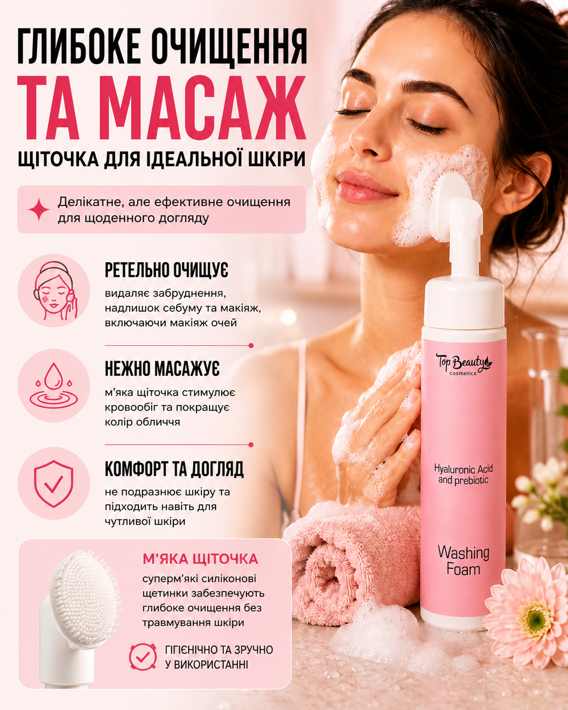Пінка для вмивання з гіалуроновою кислотою та пребіотиком зі щіточкою 170 мл — фото 2