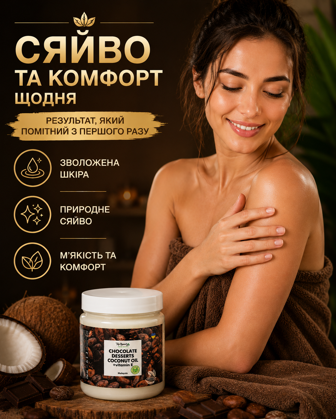 Кокосова олія рафінована «Шоколад» для волосся та тіла, 250 мл
