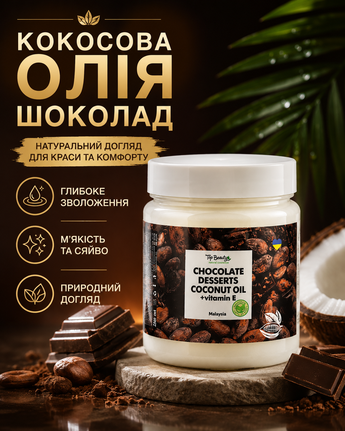 Кокосова олія рафінована «Шоколад» для волосся та тіла, 250 мл — фото 3