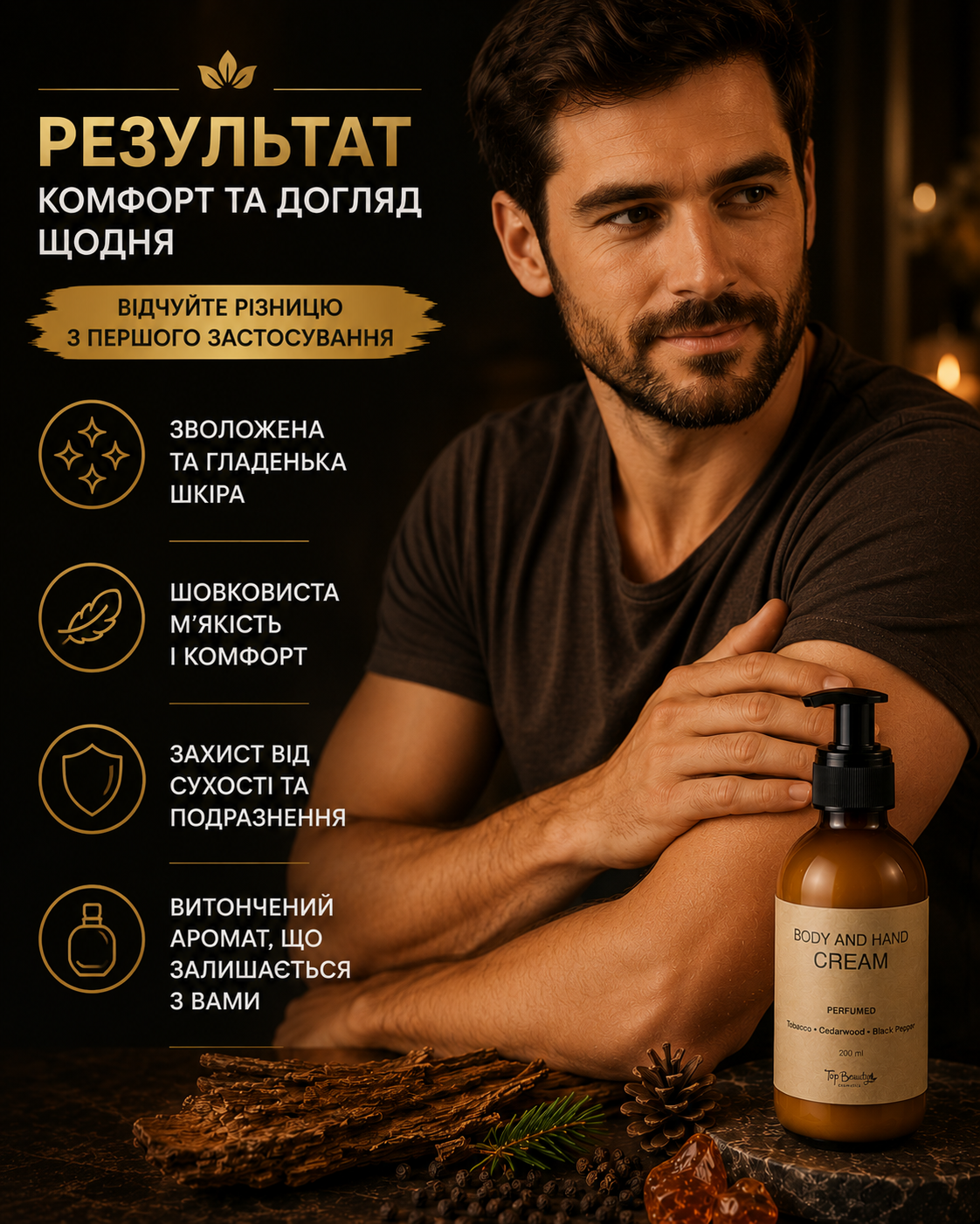Парфумований крем для тіла та рук Tobacco Cedar & Black Pepper, 200 мл