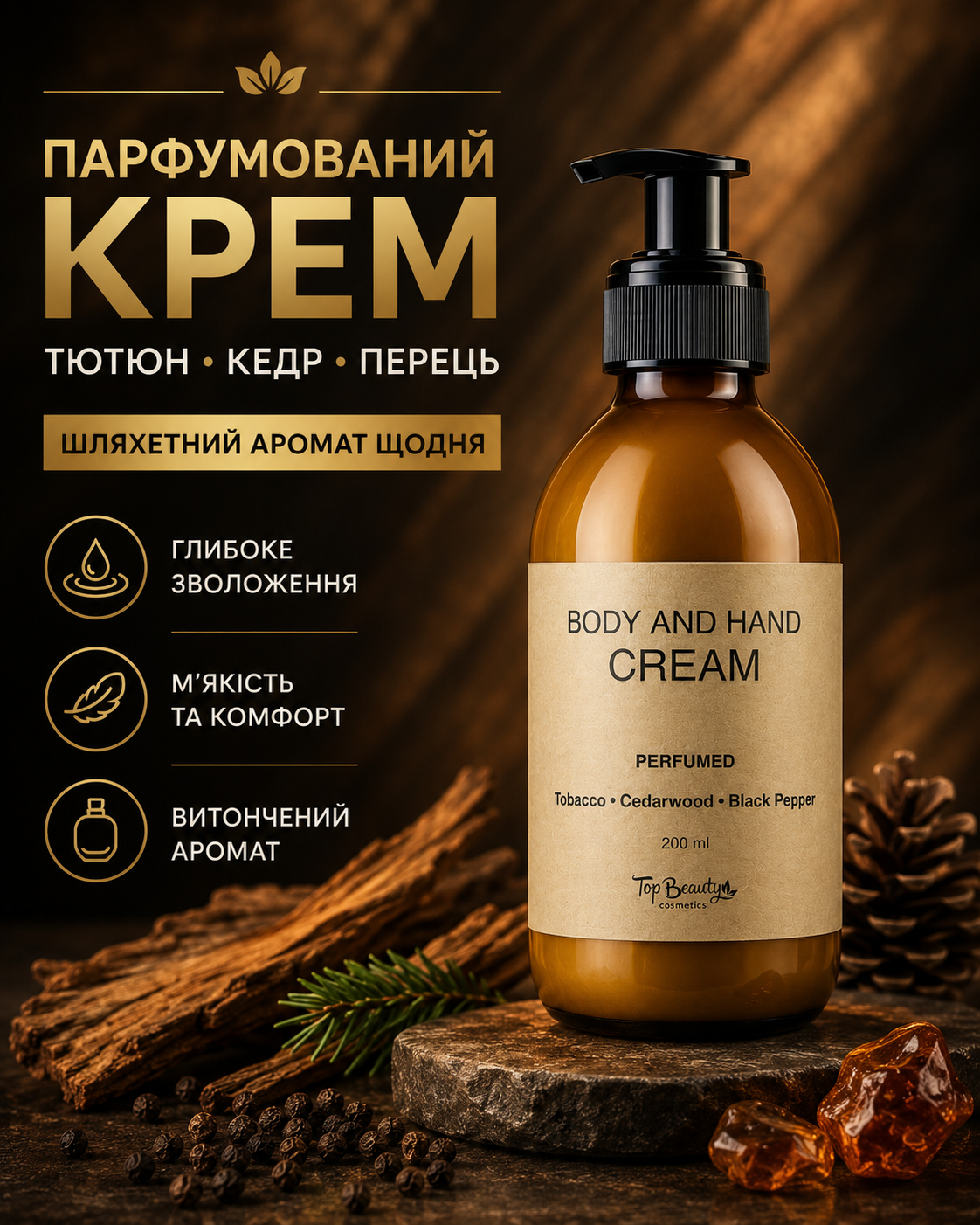 Парфумований крем для тіла та рук Tobacco Cedar & Black Pepper, 200 мл — фото 3