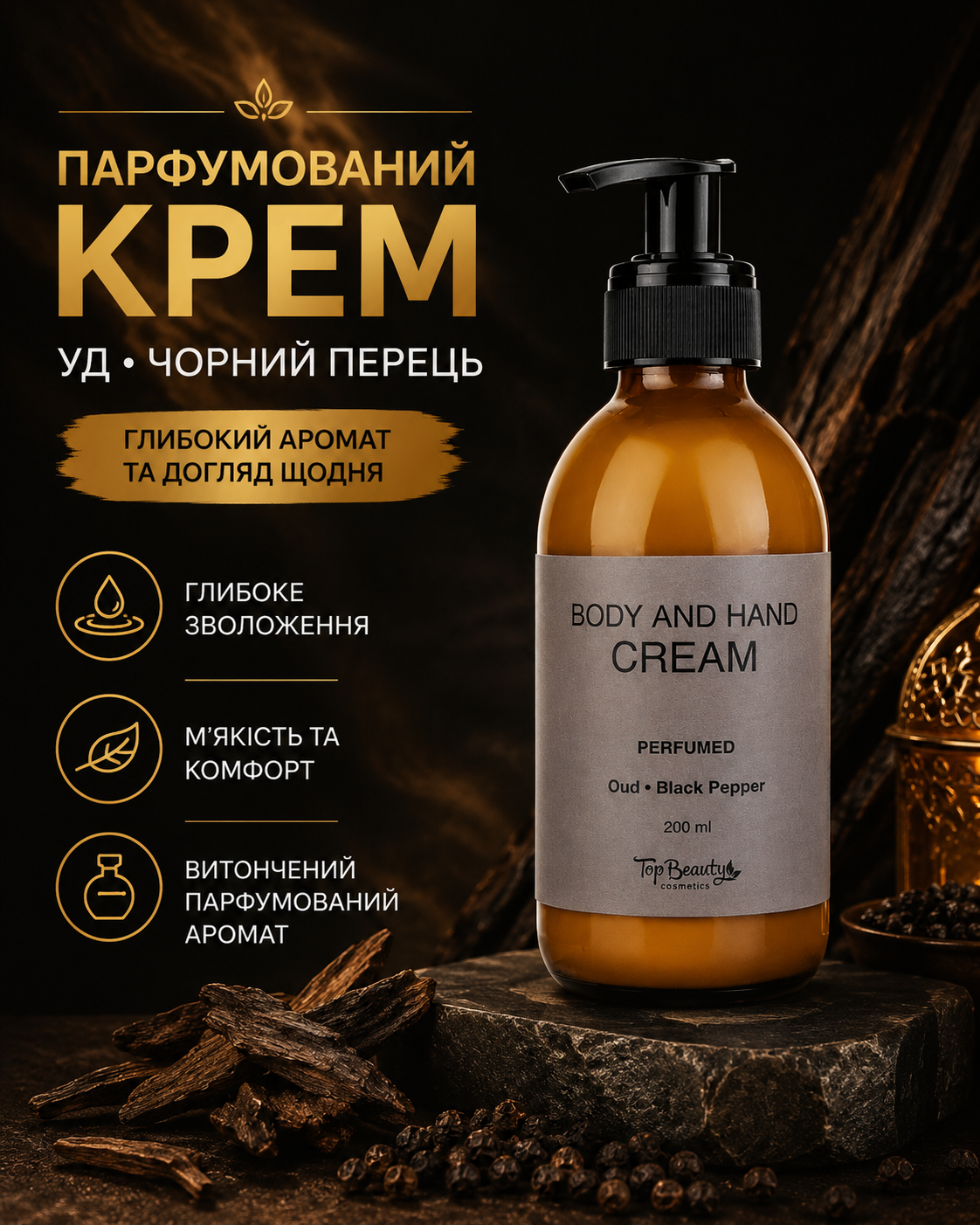 Парфумований крем для тіла та рук Oud & Black Pepper, 200 мл — фото 3