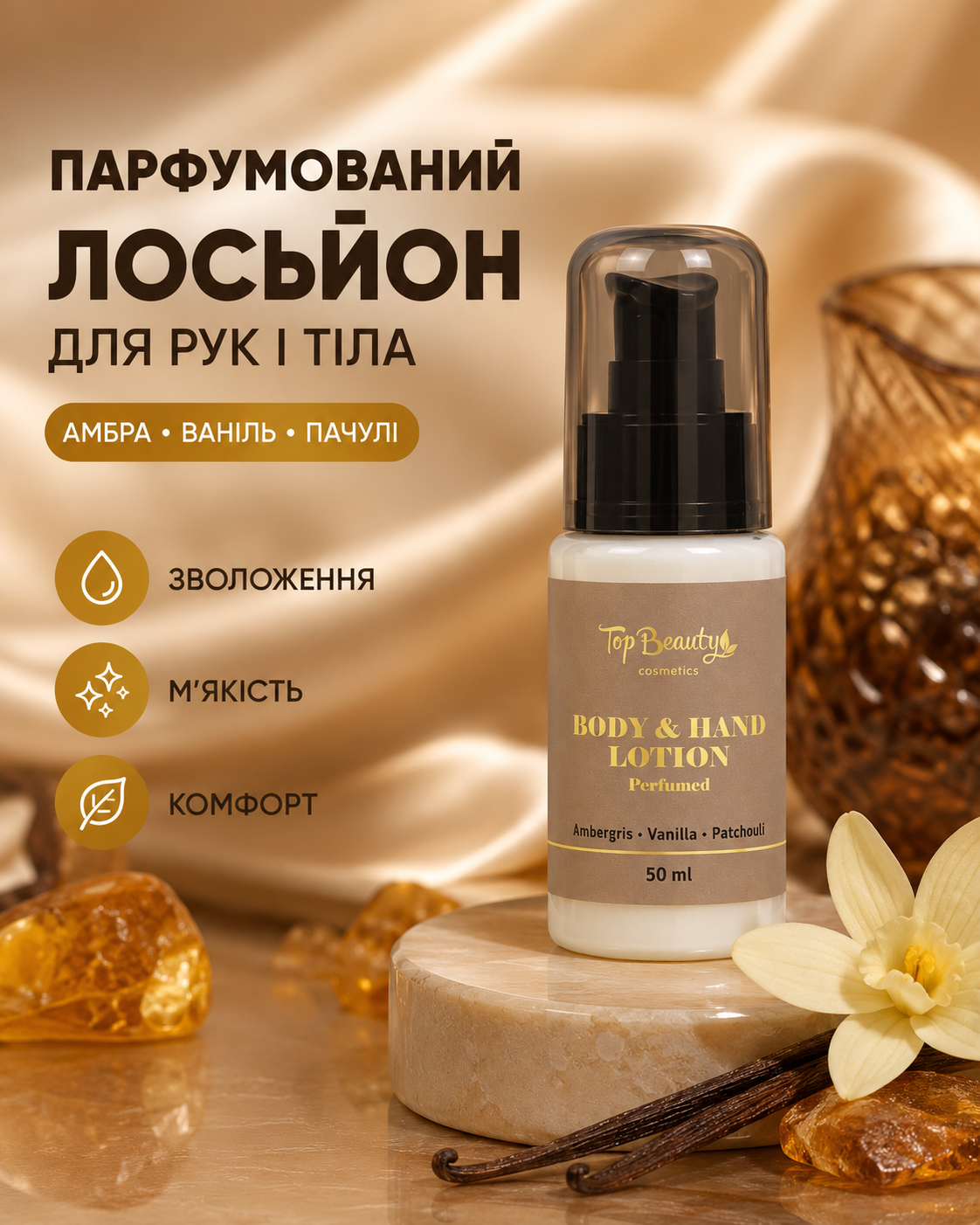 Парфумований лосьйон для рук і тіла Amber Vanilla & Patchouli, 50 мл — фото 3