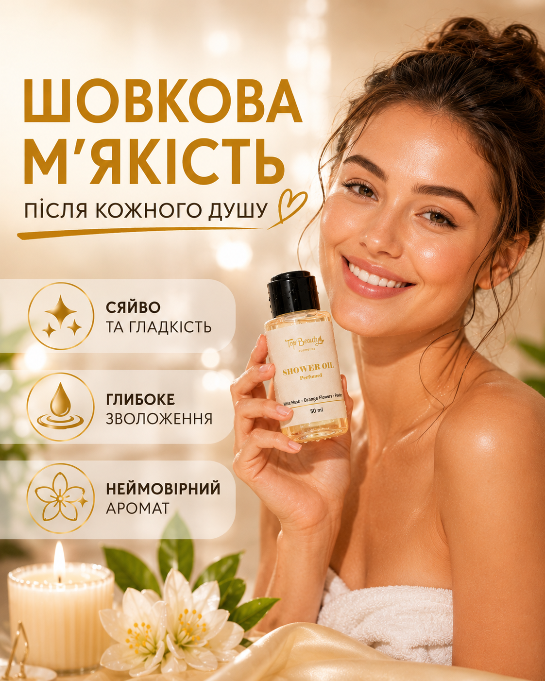Парфумована олія для душу White Musk, Orange Blossom & Powder, 50 мл