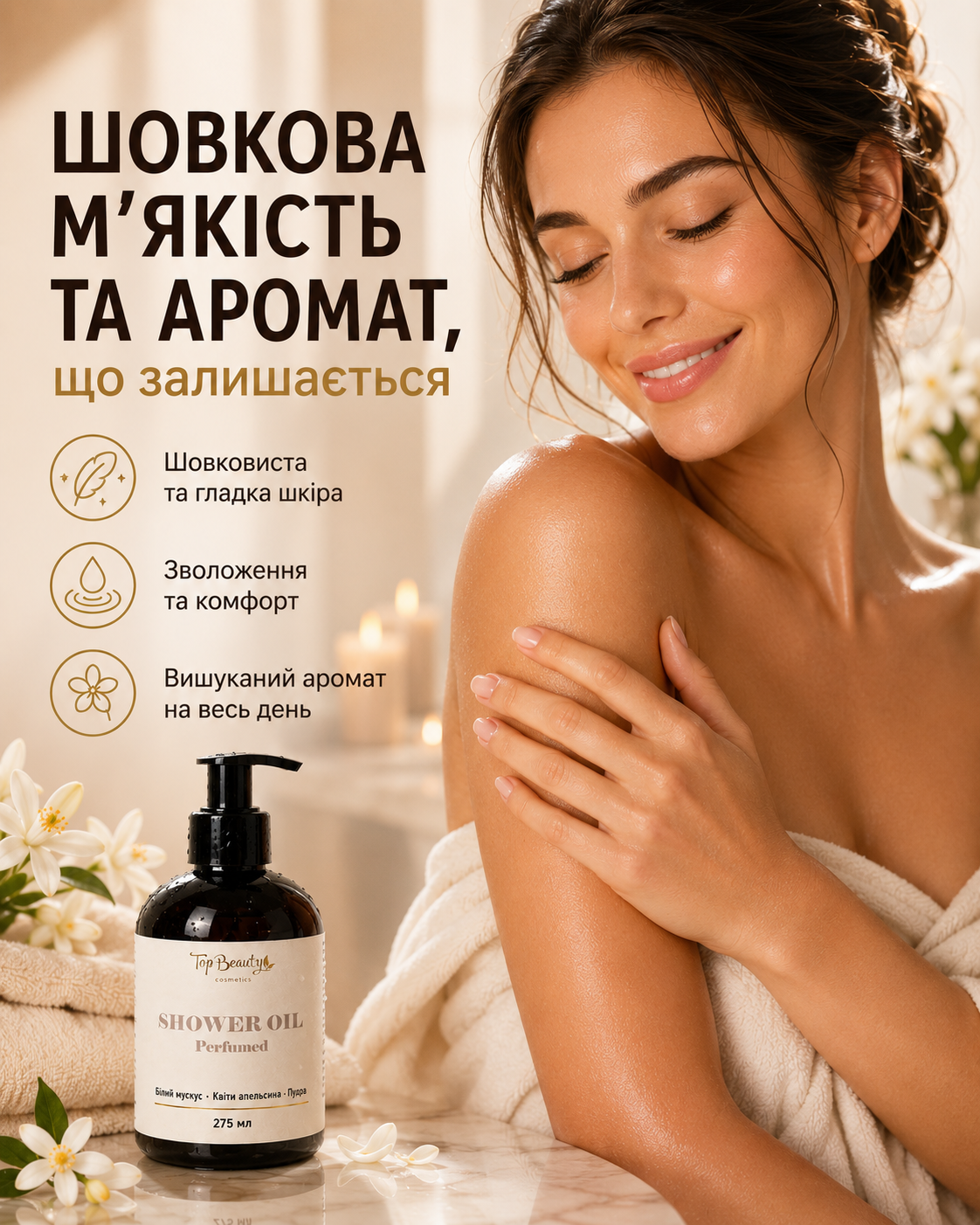 Парфумована олія для душу White Musk, Orange Blossom & Powder, 275 мл