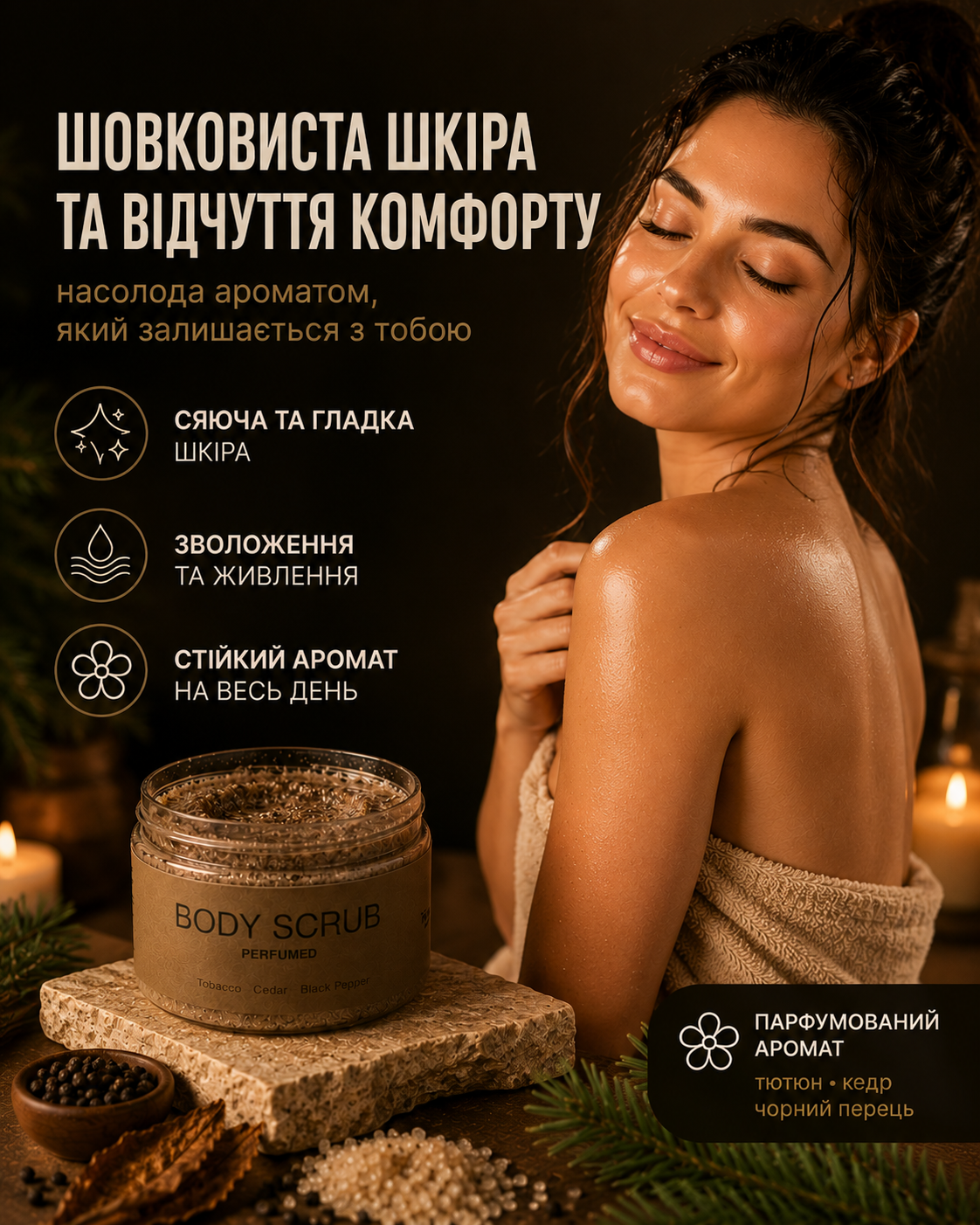 Парфумований скраб для тіла Tobacco, Cedar & Black Pepper, 250 мл