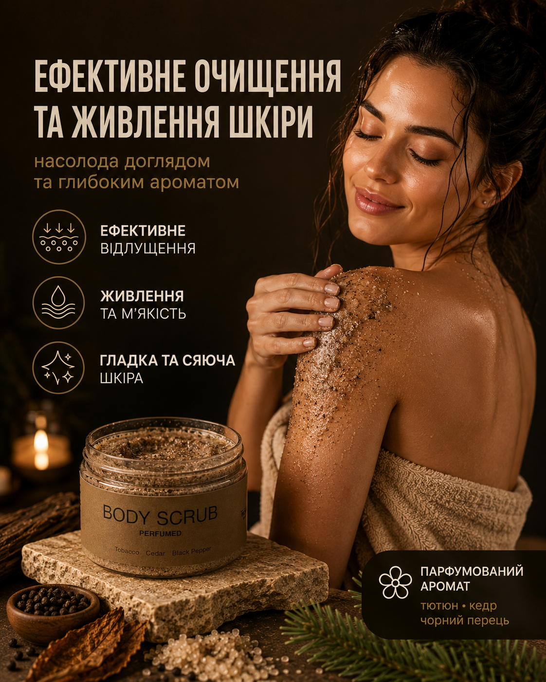 Парфумований скраб для тіла Tobacco, Cedar & Black Pepper, 250 мл — фото 2