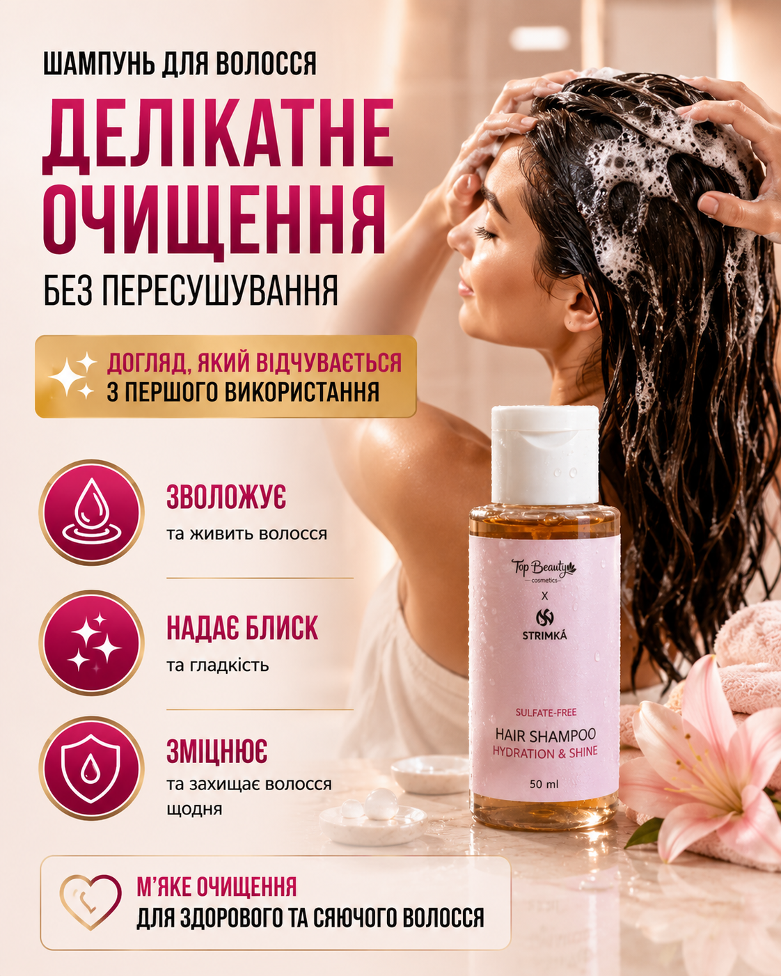 Шампунь безсульфатний Hydration & Shine, 50 мл