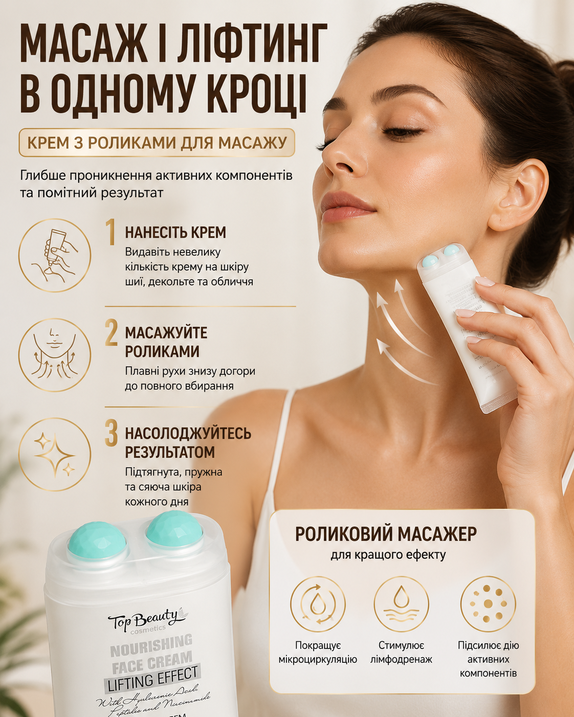 Крем-ліфтинг для овалу обличчя, шиї та декольте з роликовим масажером 100 мл — фото 2