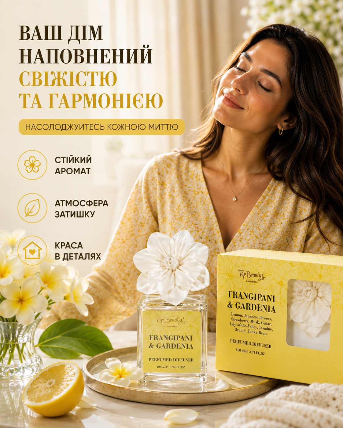 Дифузор парфумований Франжипані-Гарденія з квіткою, 100 мл