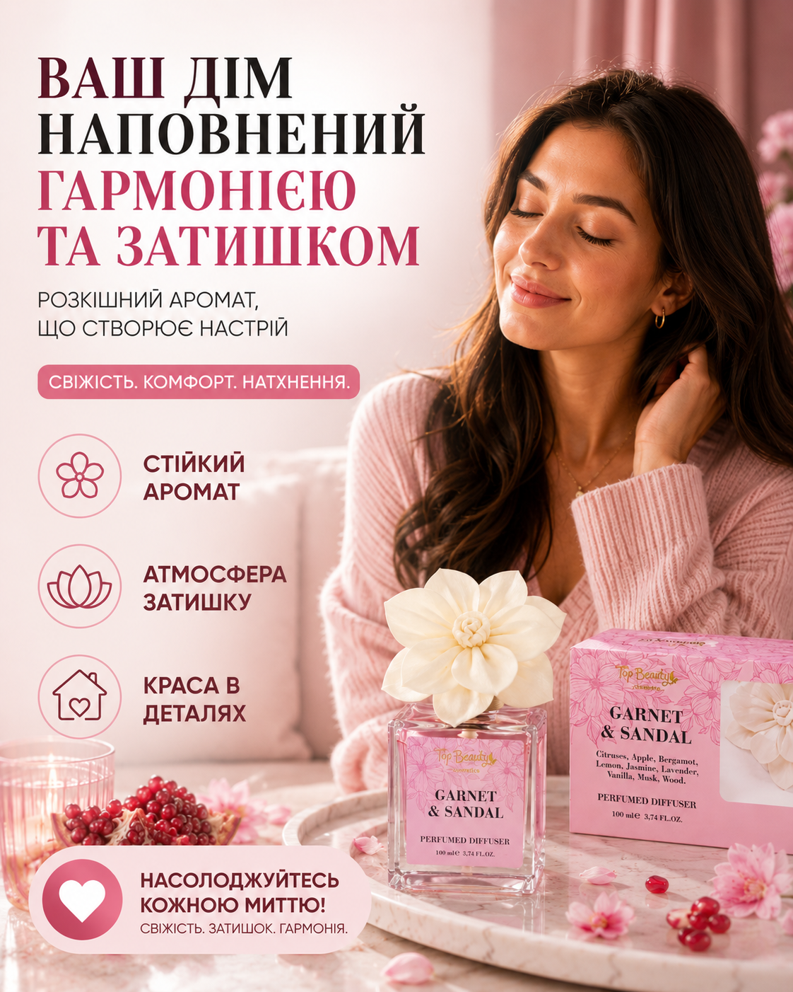 Дифузор парфумований Гранат-Сандал з квіткою, 100 мл