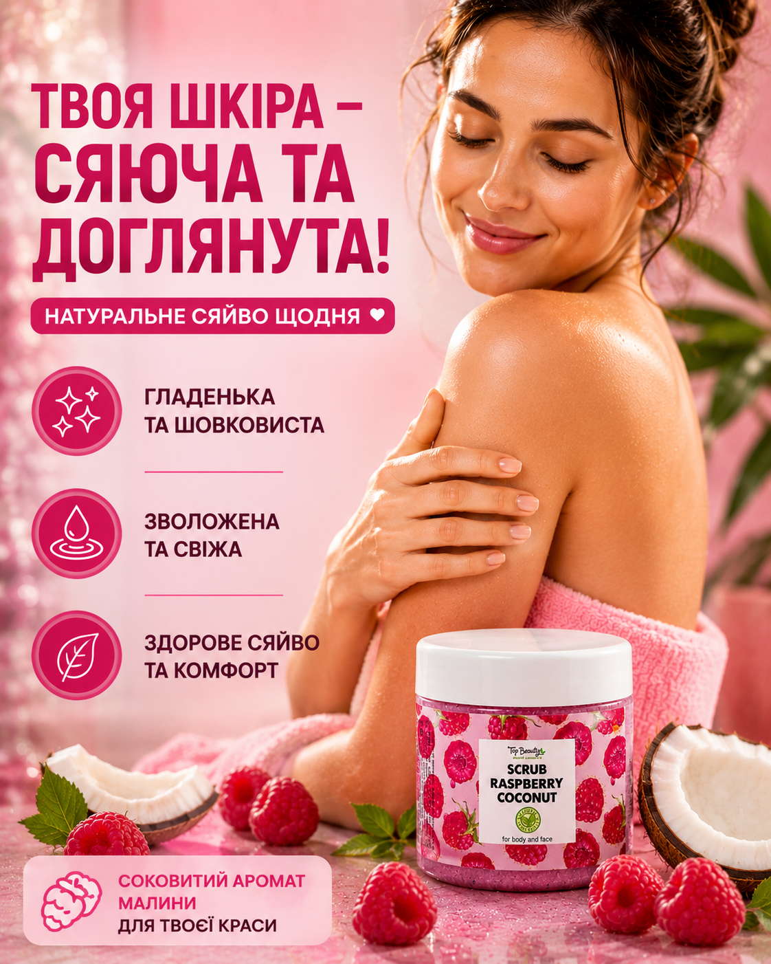 Скраб для тіла та обличчя «Малина», 150 мл