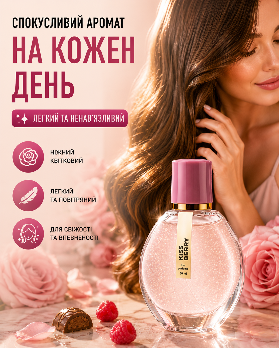 Парфум для волосся із шиммером та нотами малини