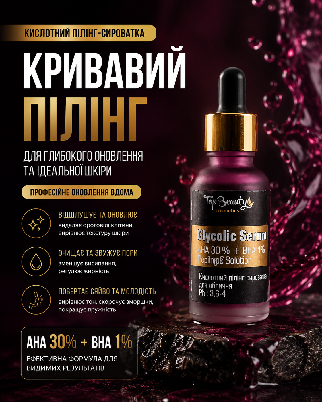 Пілінг-сироватка для обличчя AHA 30% + BHA 1% 30 мл «Кривавий пілінг» — фото 3