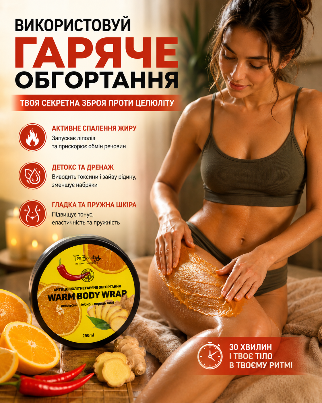 Антицелюлітне гаряче обгортання Апельсин – Імбир – Перець чилі 250 мл — фото 2