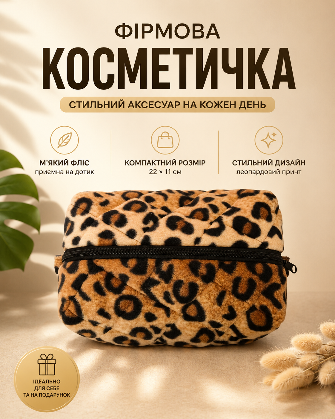 Косметичка флісова з леопардовим принтом 22 × 11 см — фото 3