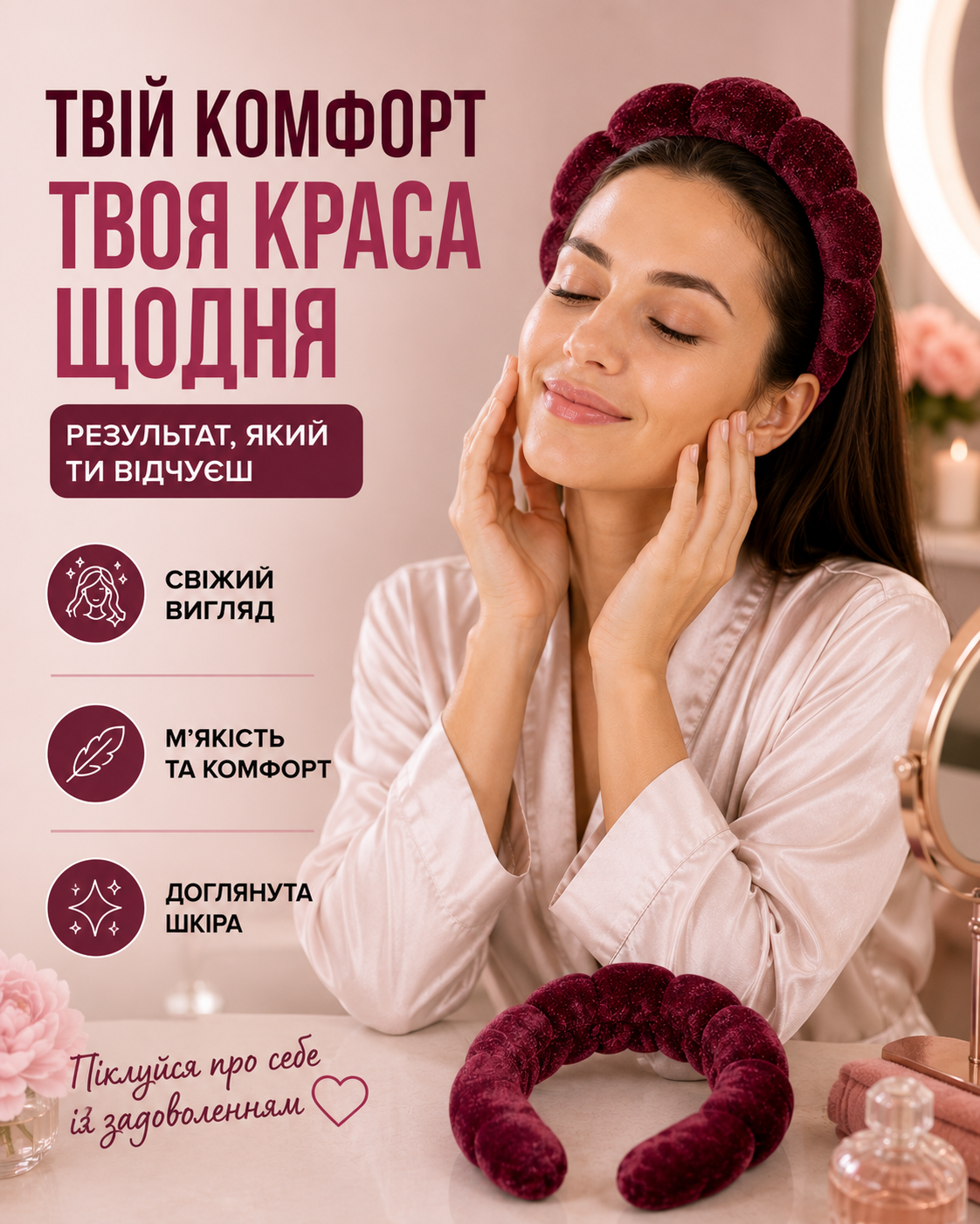 Обруч для волосся м'який бордовий