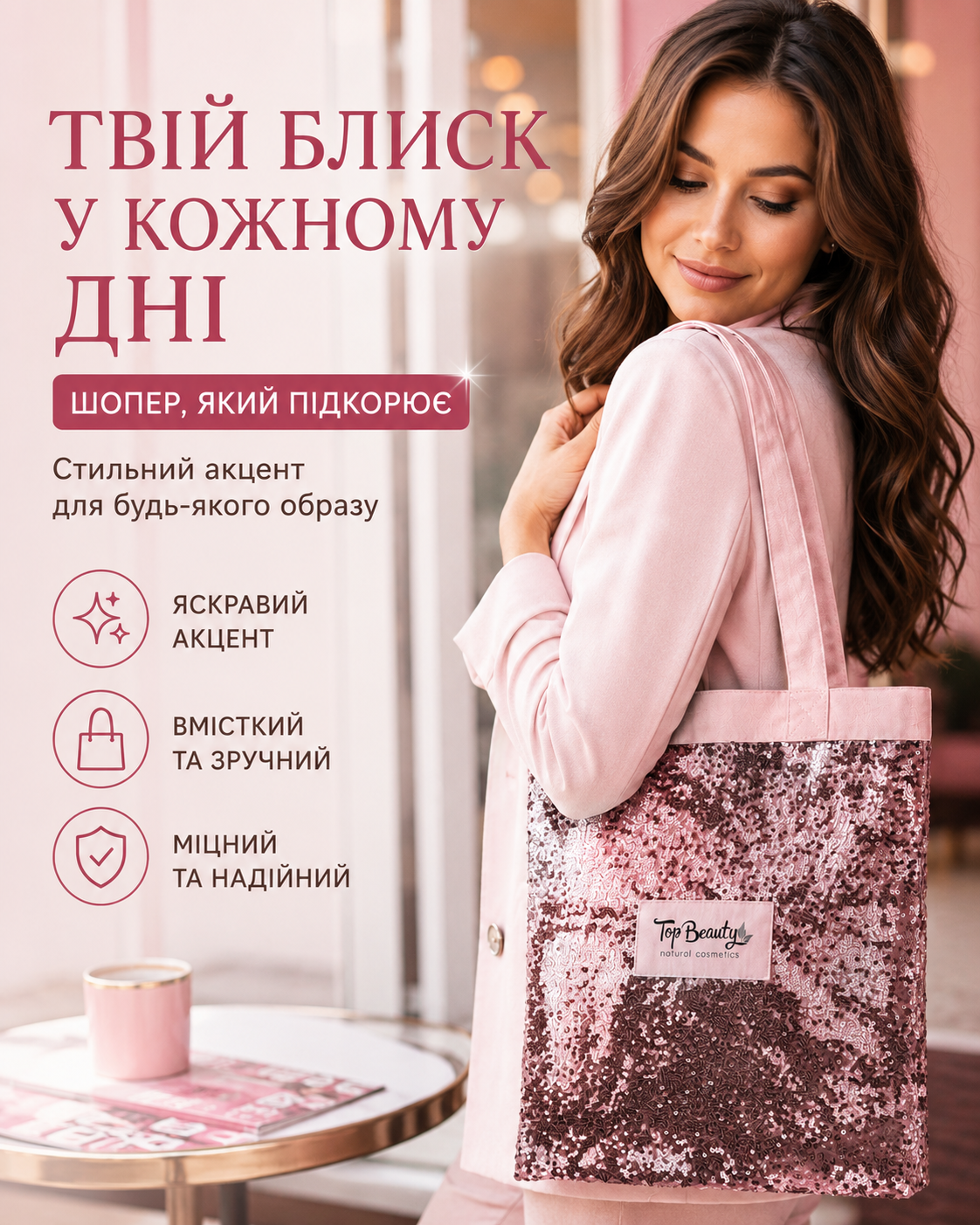 Сумка-шопер з паєтками рожева — фото 2