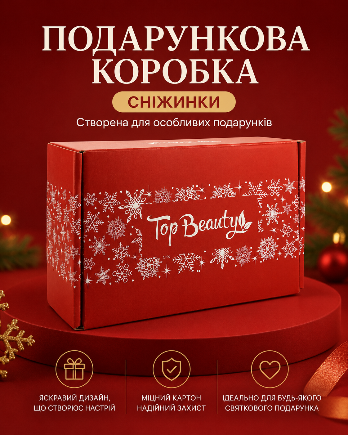 Коробка подарункова «Сніжинки» червона 220 × 140 × 80 мм — фото 2