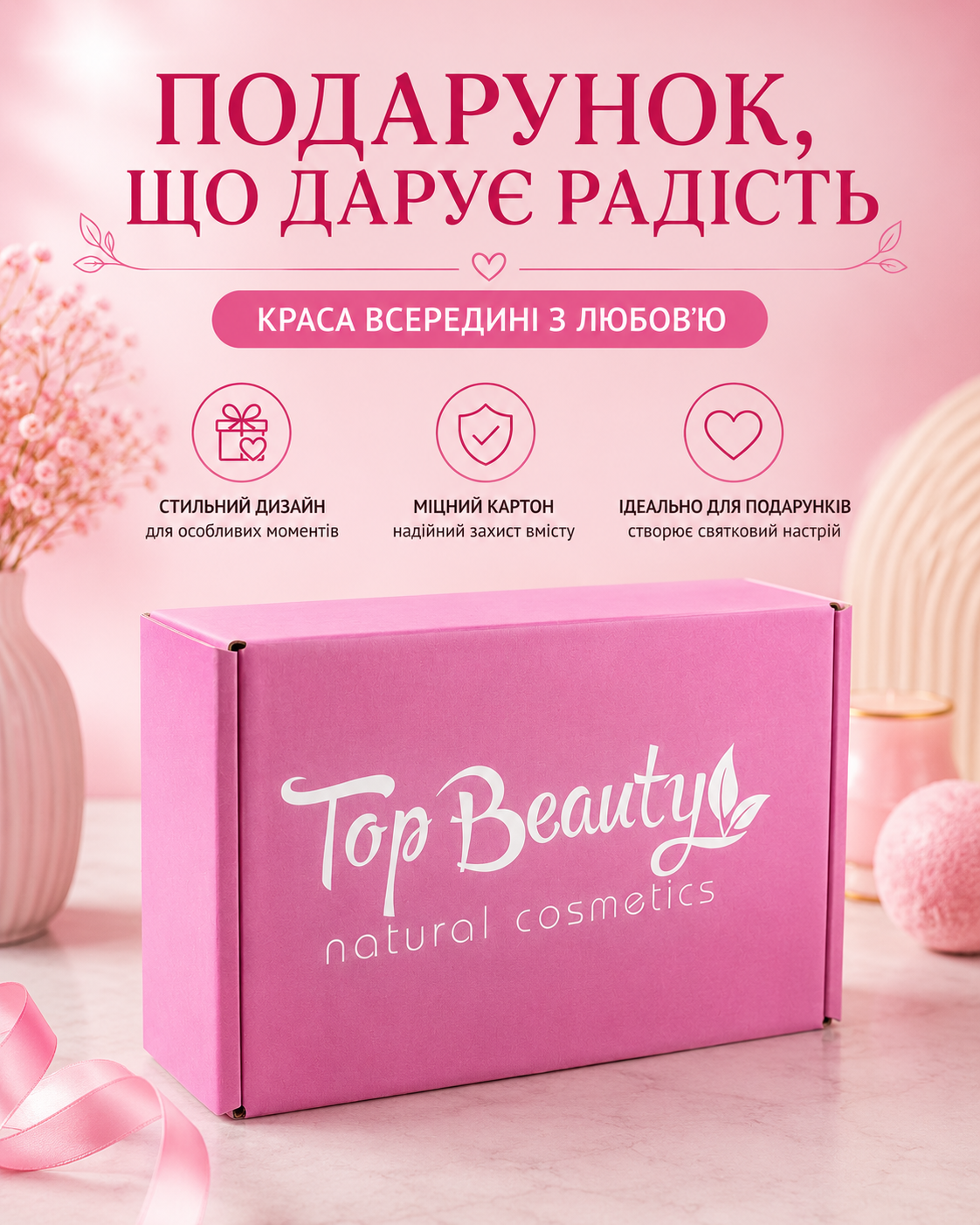 Коробка подарункова картонна рожева 220 × 140 × 80 мм — фото 2