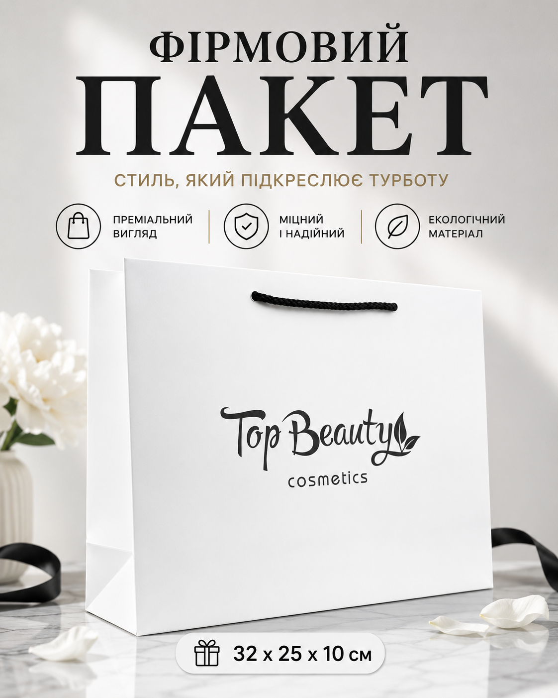 Пакет паперовий фірмовий білий з чорними ручками 32 × 25 × 10 см — фото 2