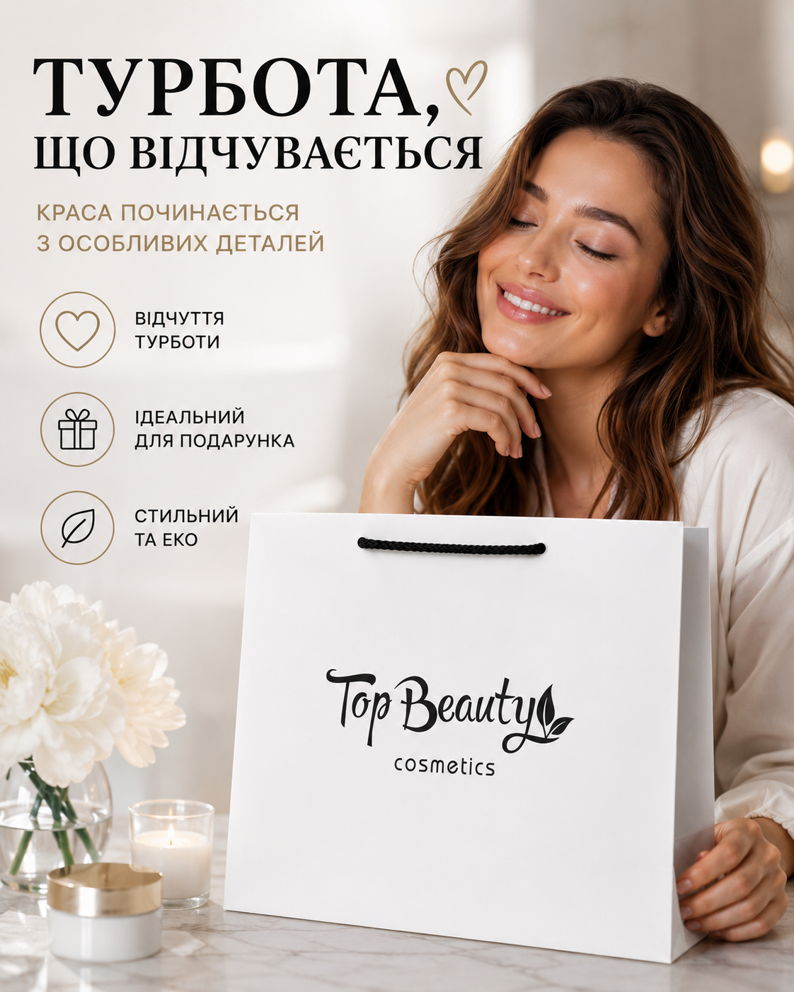 Пакет паперовий фірмовий білий з чорними ручками 32 × 25 × 10 см