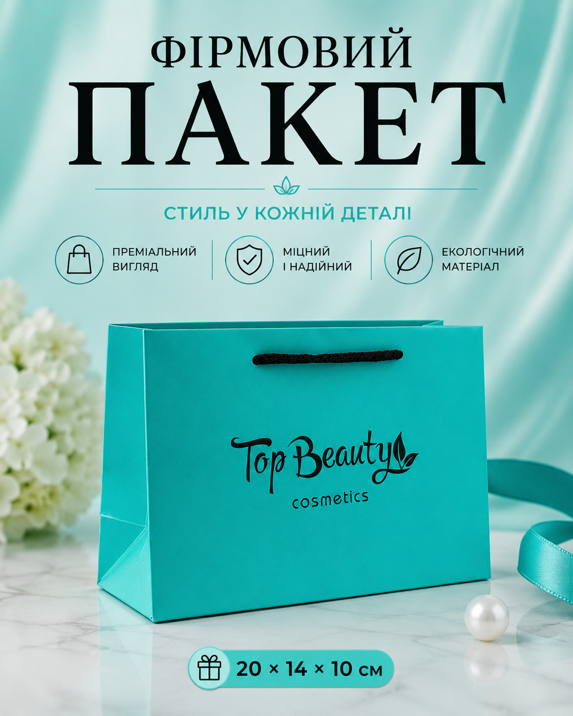 Пакет паперовий фірмовий тіфані (бірюзовий) з чорними ручками 20 × 14 × 10 см — фото 2