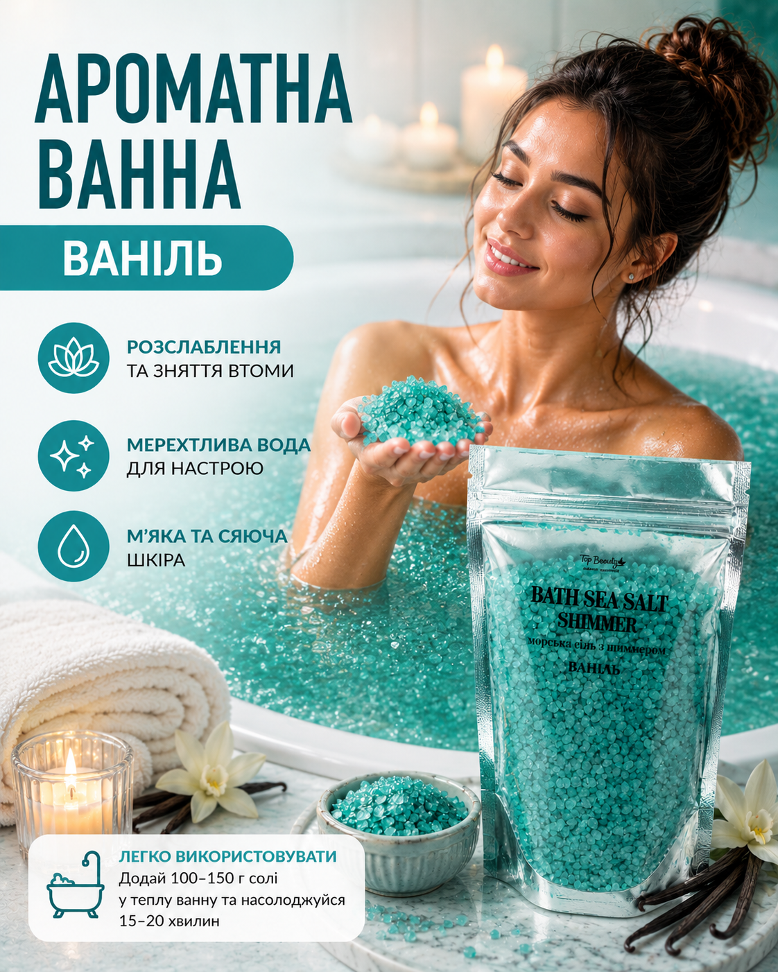 Сіль морська з шиммером «Ваніль» (бірюзова) 250 г — фото 2