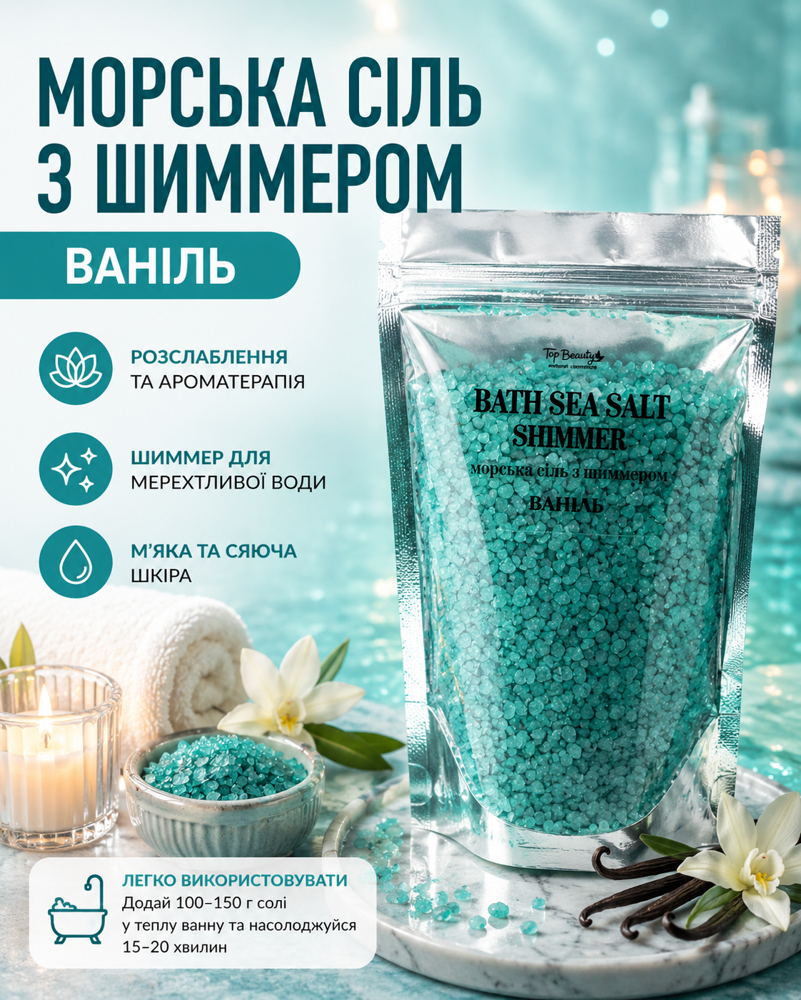 Сіль морська з шиммером «Ваніль» (бірюзова) 250 г — фото 3