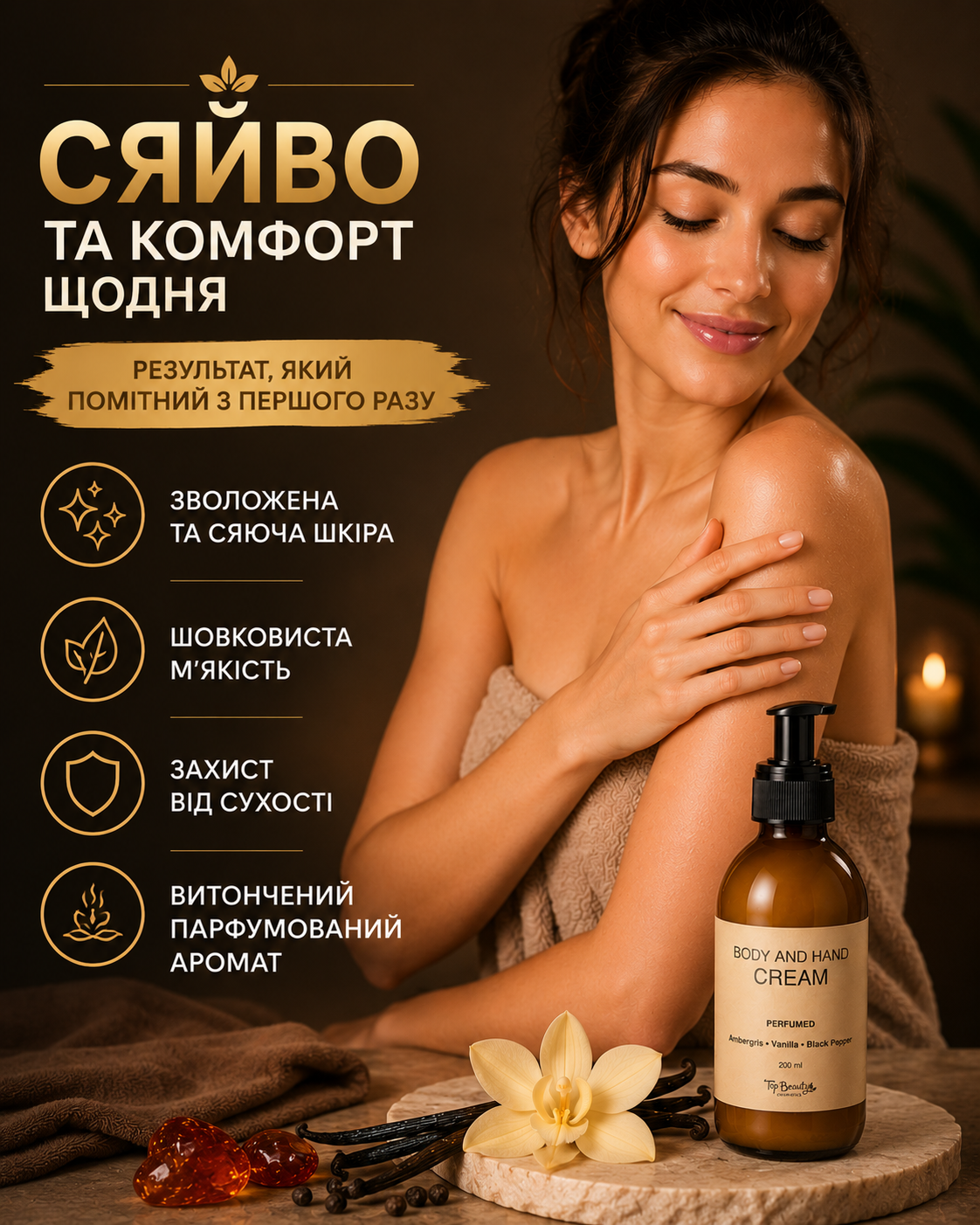 Парфумований крем для тіла та рук Amber Vanilla & Black Pepper, 200 мл