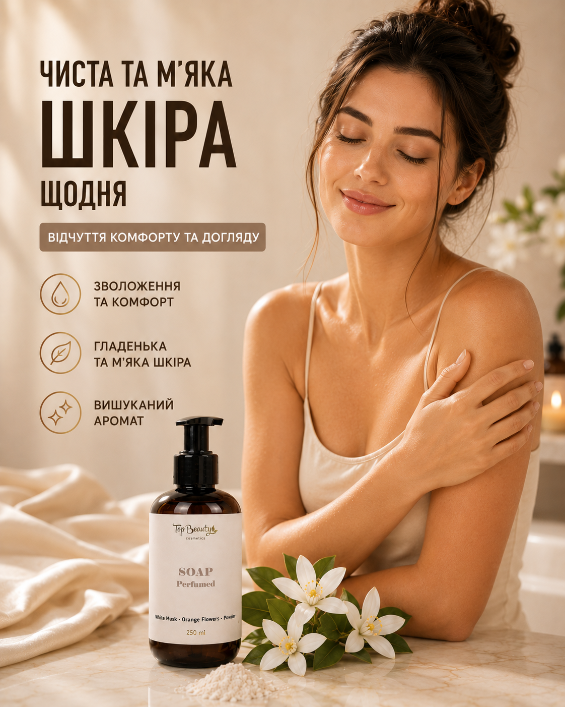 Парфумоване рідке мило для рук і тіла White Musk, Orange Blossom & Powder, 250 мл