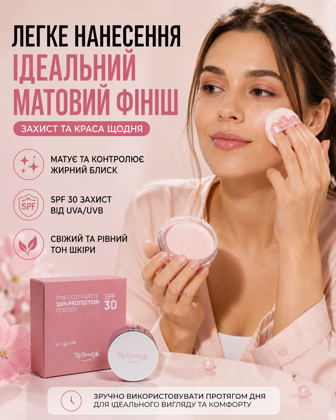 Пудра матуюча рожева сонцезахисна SPF 30, 6 г — фото 2