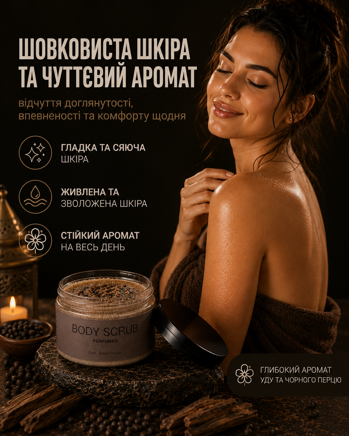 Парфумований скраб для тіла Oud & Black Pepper, 250 мл