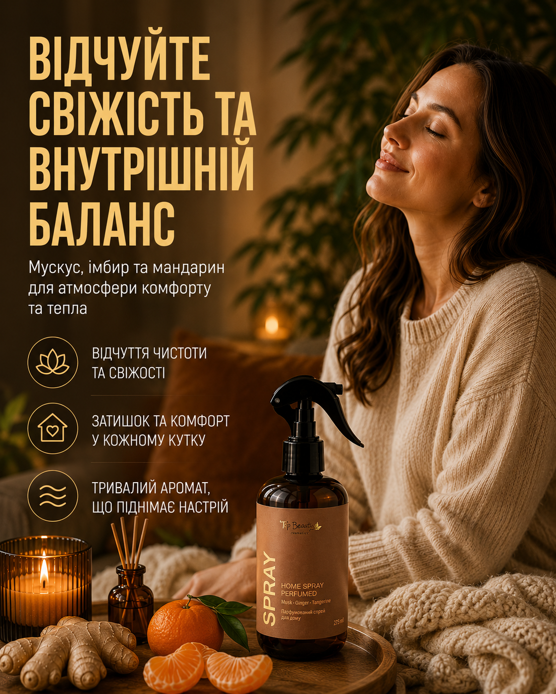 Спрей для дому парфумований Мускус-Імбир-Мандарин, 275 мл