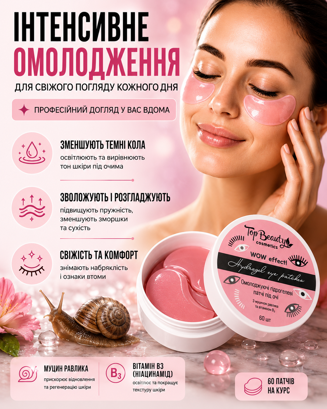 Омолоджуючі гідрогелеві патчі під очі з муцином равлика та вітаміном B3, 60 шт — фото 3